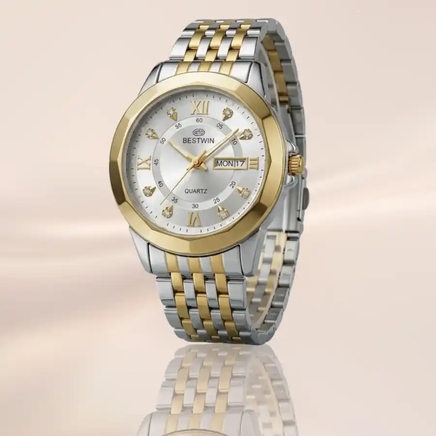 Luxury Two-Tone Quartz Watch for Men – Multi-Dial with Day & Date Display, Diamond Hour Markers & Stainless Steel Bracelet