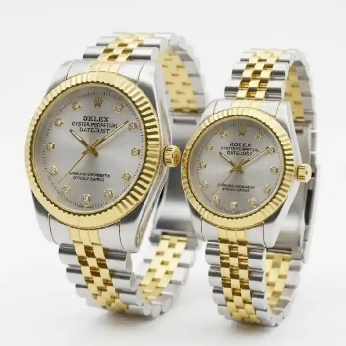 Luxury Two-Tone Couple Watch Set for Men & Women – Silver Sunray Dial with Diamond Markers, Gold Bezel