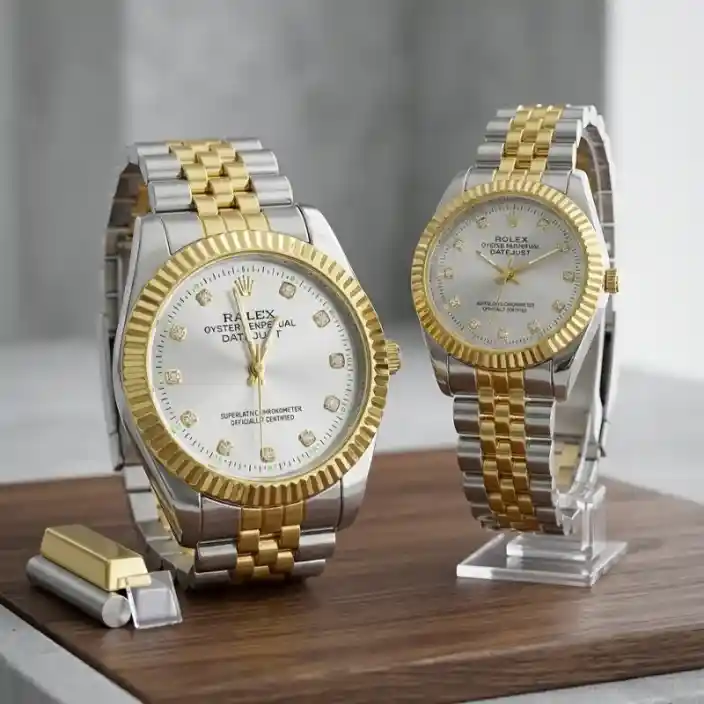 Luxury Two-Tone Couple Watch Set for Men & Women – Silver Sunray Dial with Diamond Markers, Gold Bezel