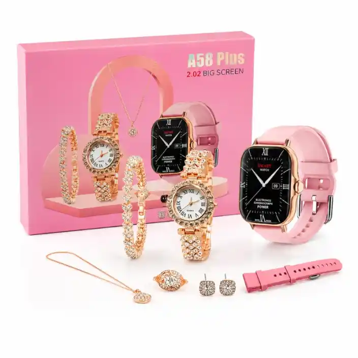 A58 Plus 2.02" Big Screen Smart Watch Gift Set for Women – Pink Bluetooth Smartwatch with Jewelry Combo
