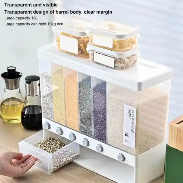 6-Grid Wall Mounted Rice & Dry Food Dispenser Large Cereal Grain Storage Container for Kitchen Pantry