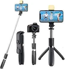 R1s Bluetooth Selfie Stick – 3-in-1 Tripod Stand with Remote & LED Light | 360° Rotation Mobile Holder