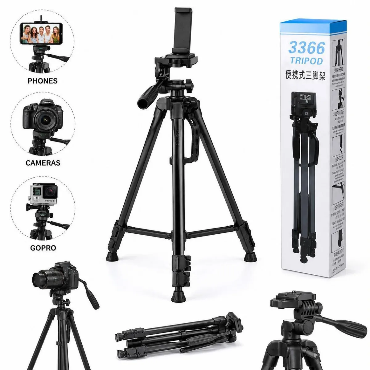 3366 Professional Camera, Mobile & GoPro Tripod Stand