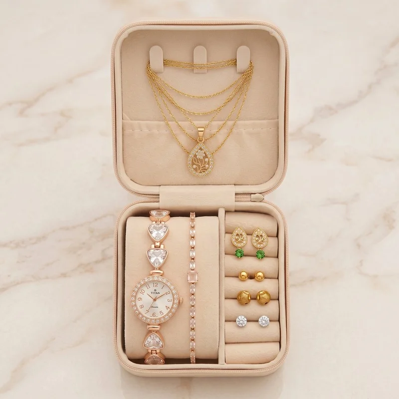 Titan Women's Rose Gold Watch & Jewelry Gift Set with Travel Case