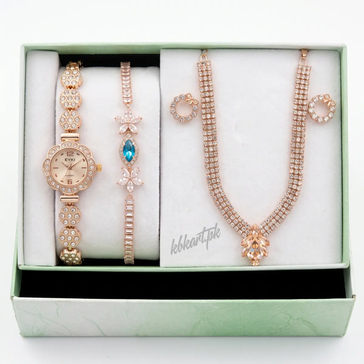 EYKI Rose Gold Watch & Champagne Crystal Jewelry Gift Set