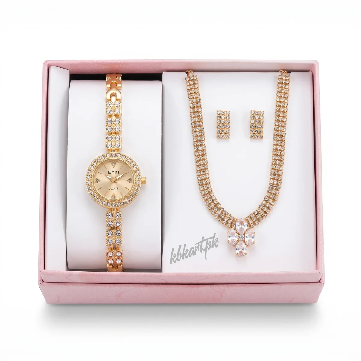 EYKI Rose Gold Watch & Clear Crystal Floral Jewelry Set