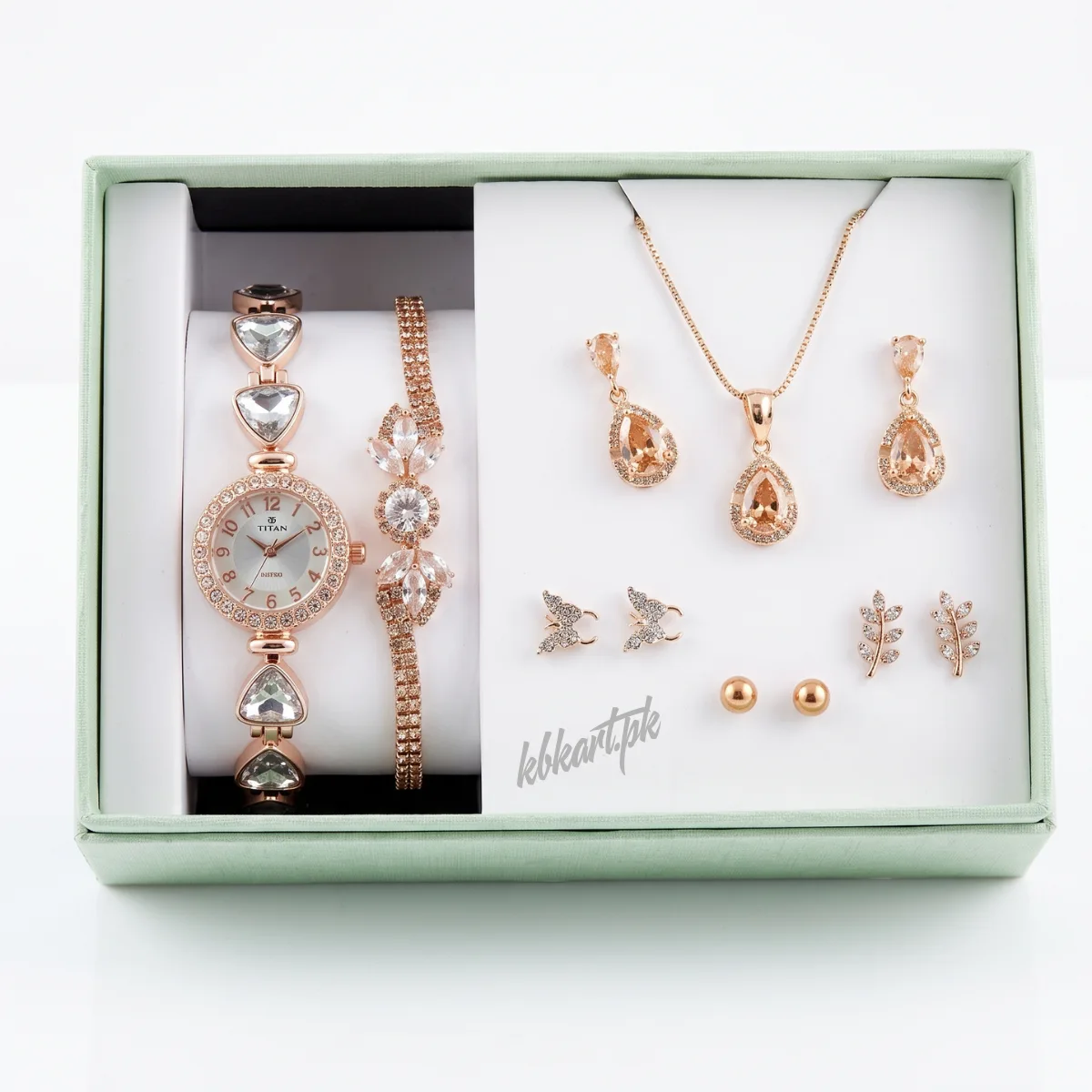 TITAN Rose Gold Watch & Champagne Teardrop Jewelry Set
