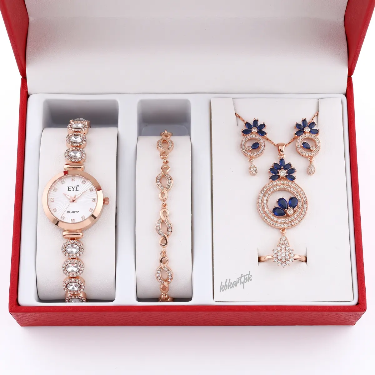 FT Rose Gold Watch & Sapphire Blue Floral Jewellery Gift Set