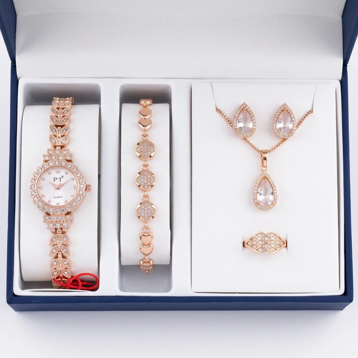 FT Rose Gold Watch & Crystal Teardrop Jewelry Gift Set