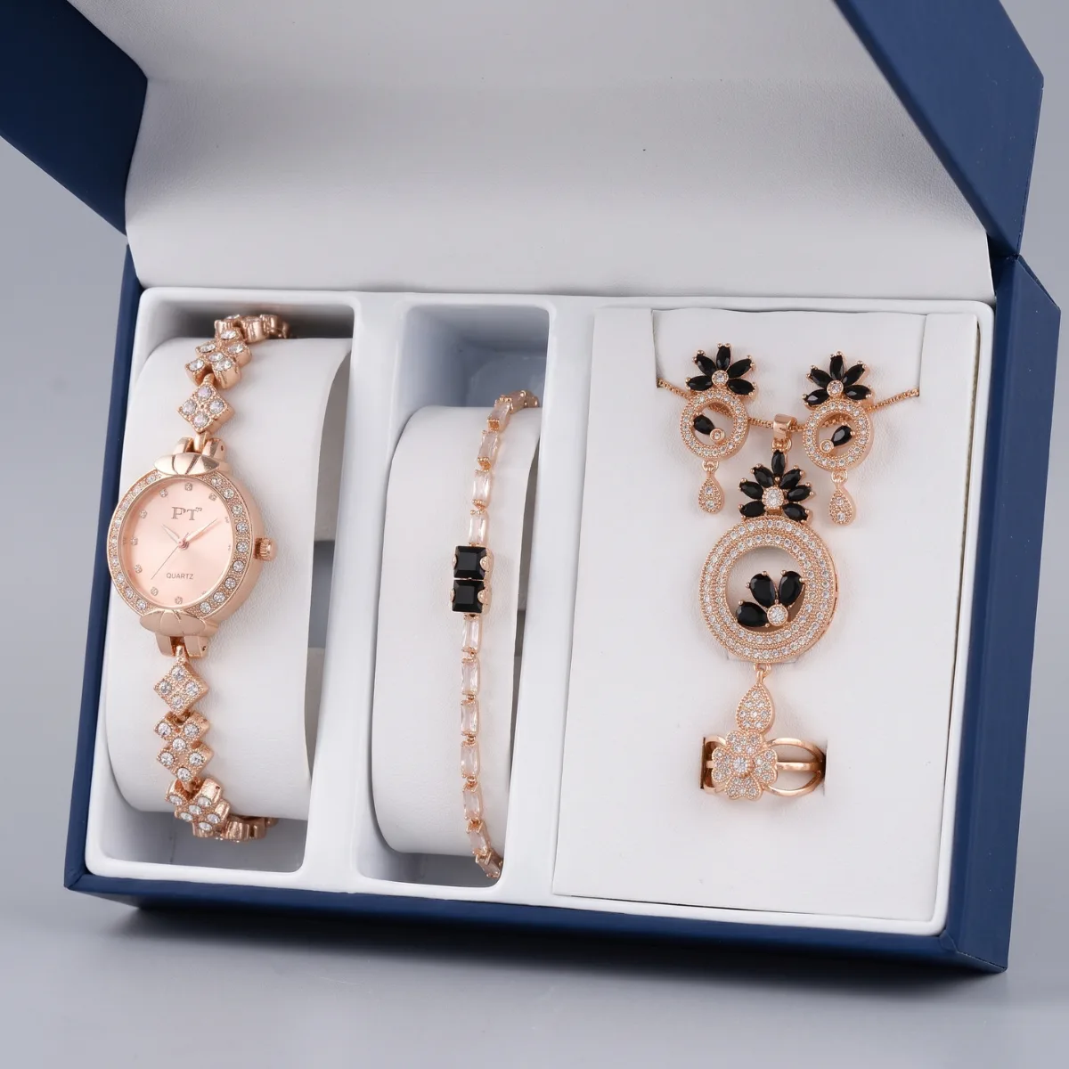 FT Rose Gold Watch & Black Floral Crystal Jewelry Gift Set
