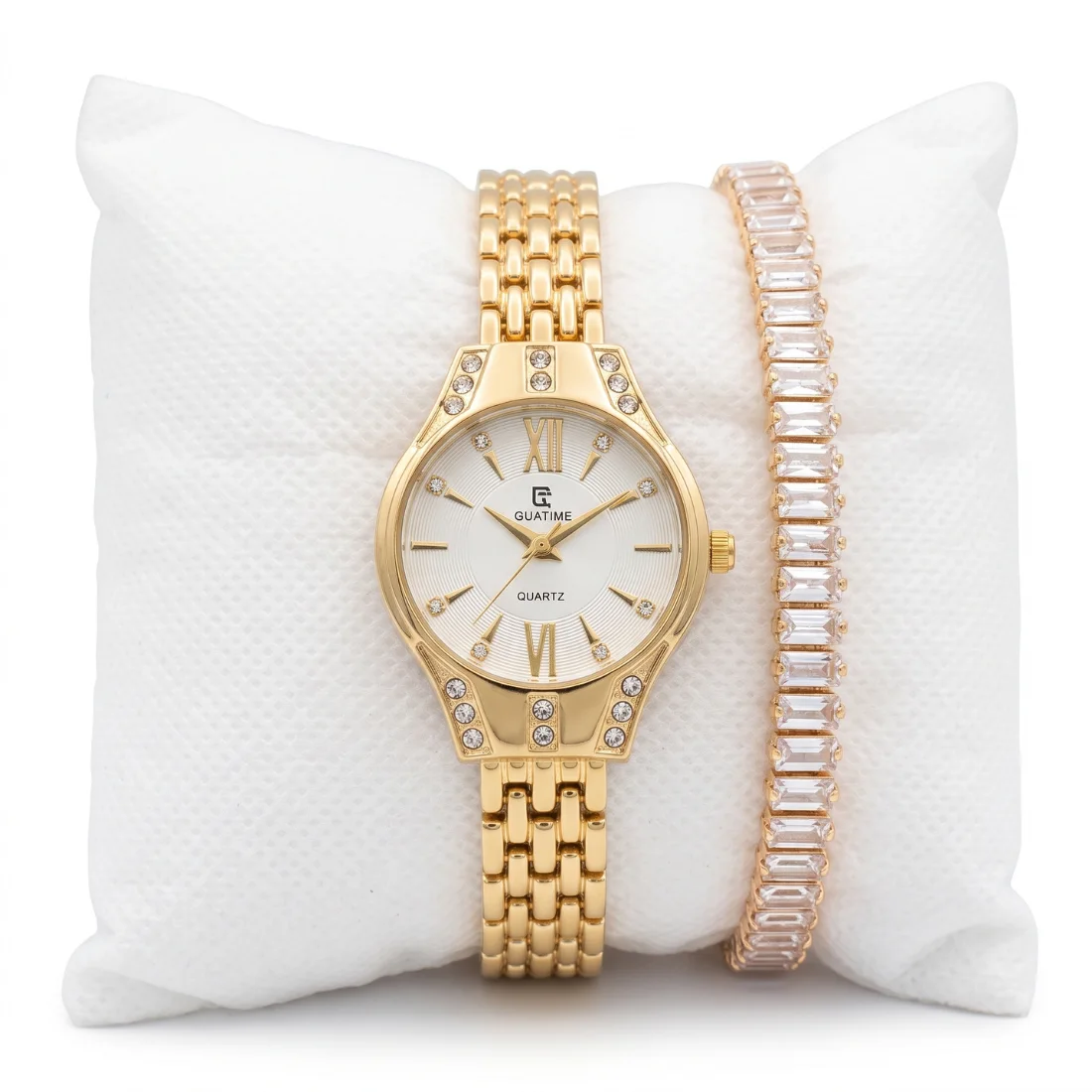 GUATIME Women's Gold-Tone Watch & Crystal Tennis Bracelet Set