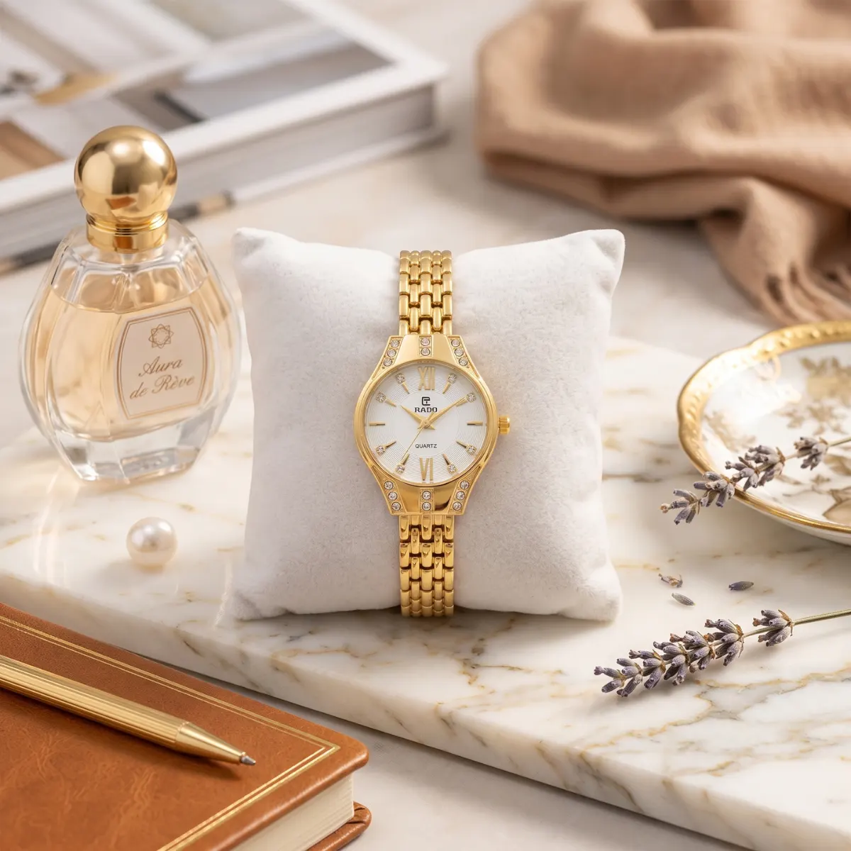 Women's Elegant Gold-Tone Quartz Watch with Crystal Accents