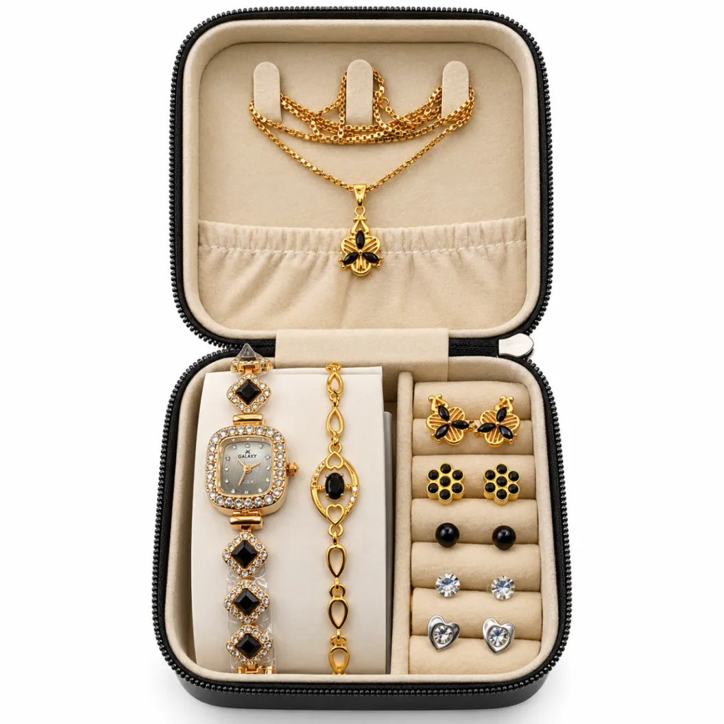Premium Women's Watch & Jewelry Gift Set with Organizer Case (8-Piece)
