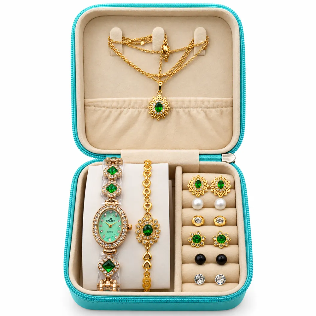 Elegant Women's Watch & Emerald-Style Jewelry Gift Set with Teal Organizer Case