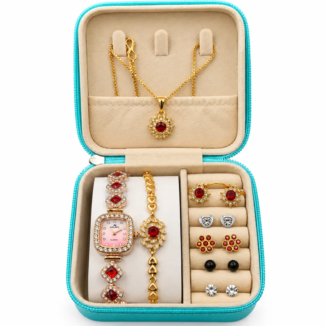 Women's Red Stone Watch & Jewelry Gift Set with Teal Organizer Case