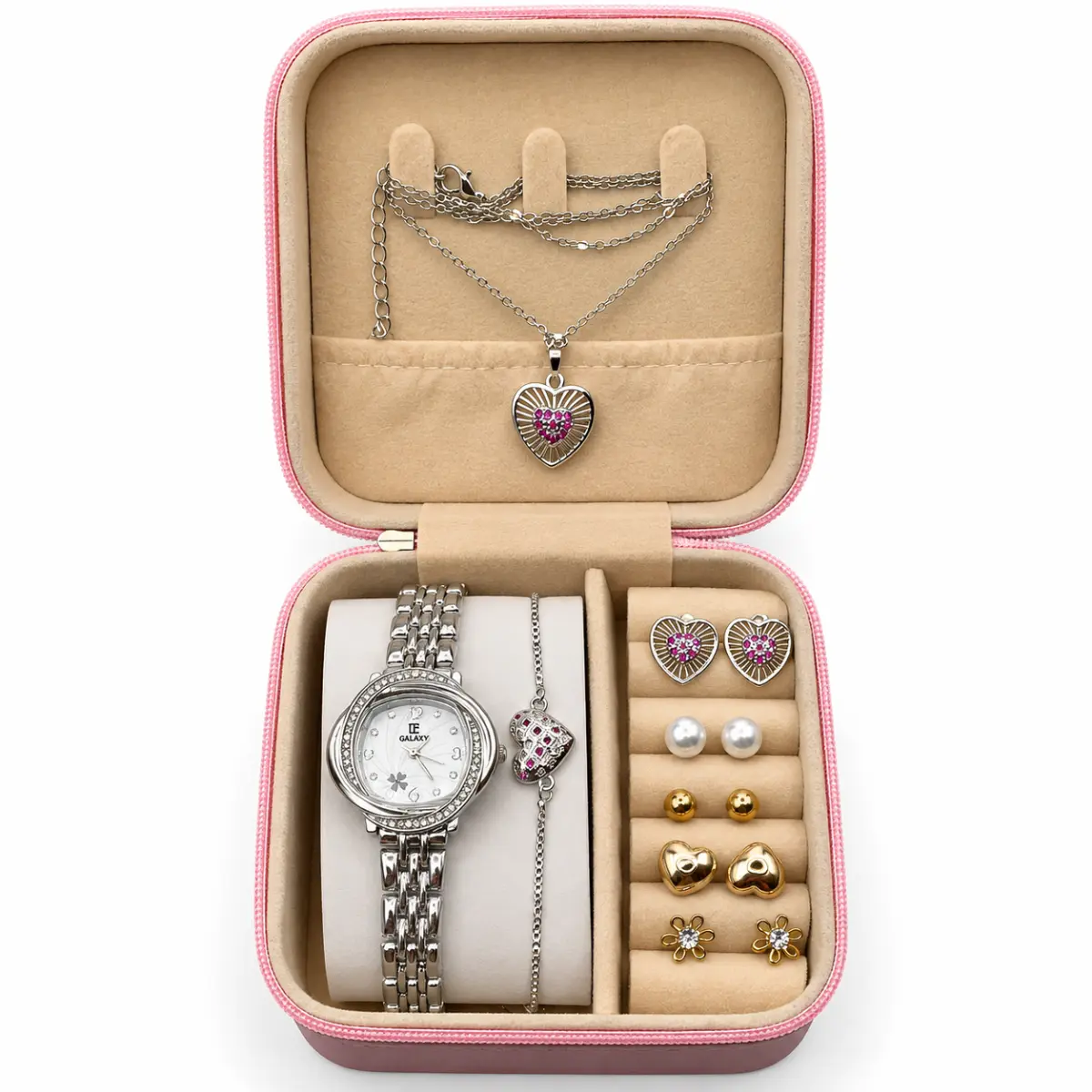 Women's Silver-Tone Watch & Heart Jewelry Gift Set with Pink Organizer Case