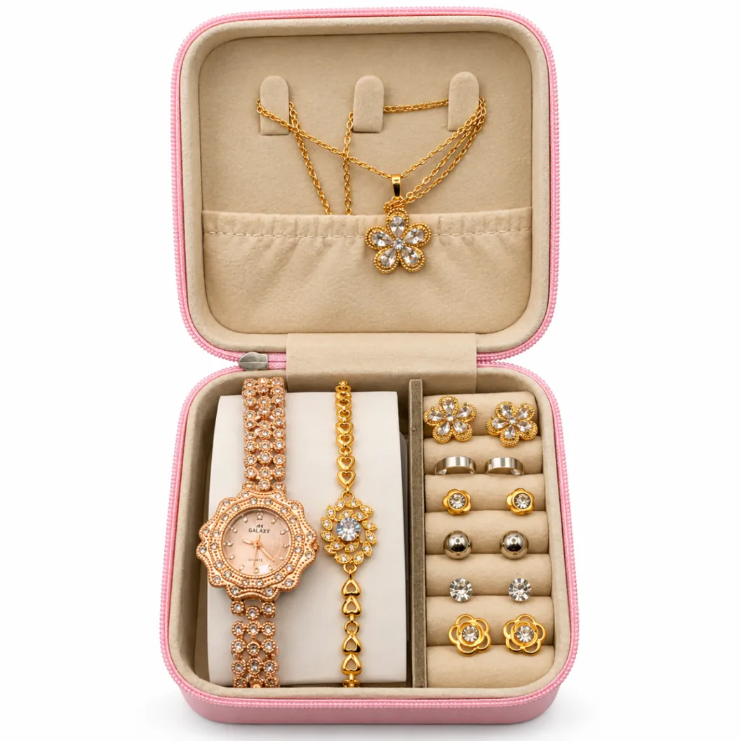 Women's Rose Gold-Tone Floral Watch & Jewelry Gift Set with Pink Organizer Case