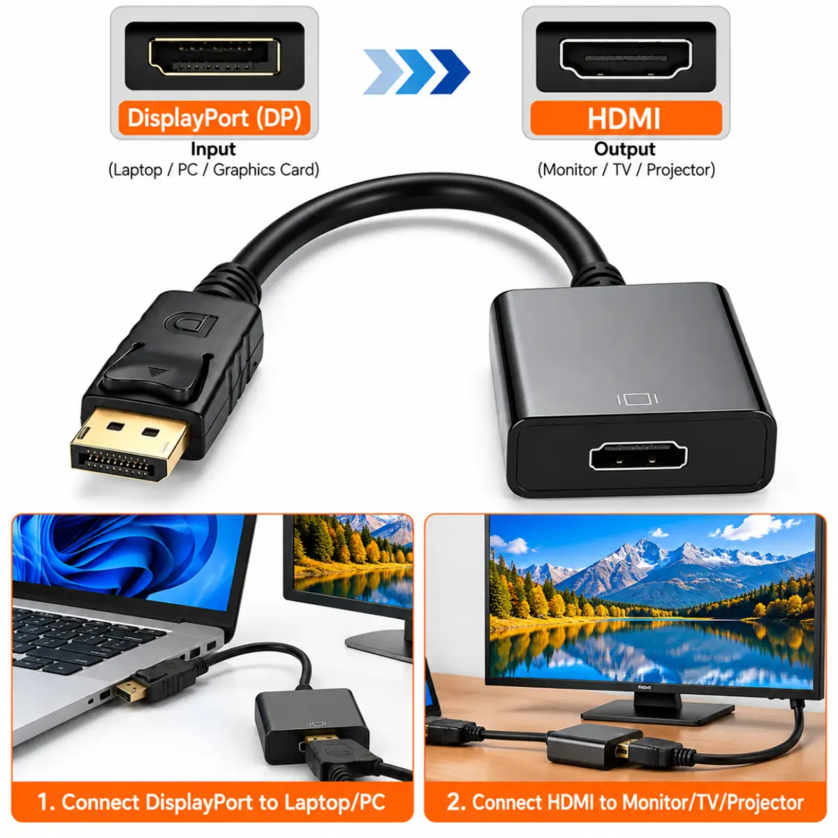 DisplayPort to HDMI Adapter Converter – DP Male to HDMI Female for Laptop, PC, Monitor & TV