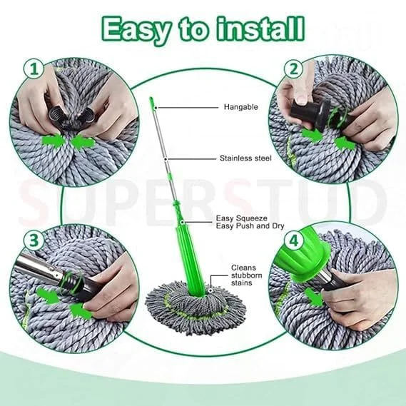 2-in-1 Twist Mop Green Microfiber Floor Cleaner Wet & Dry Mop with Manual Water-Wringing Design for Home Cleaning