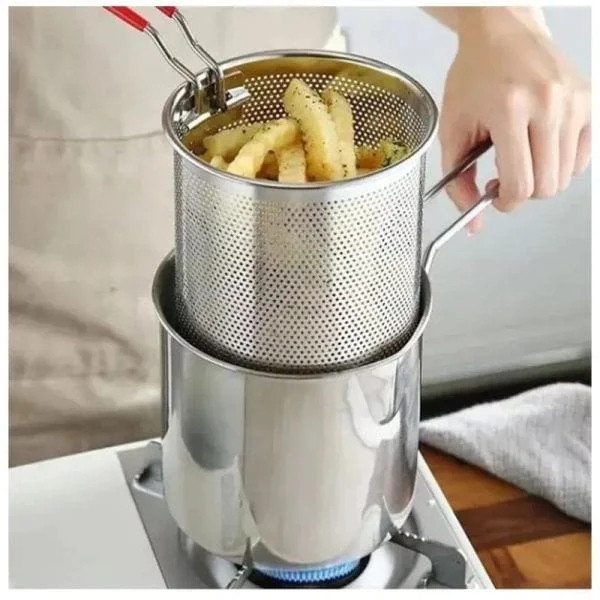Stainless Steel Deep Fryer Pot with Strainer 1.2L Capacity Mini Frying Pot for French Fries, Snacks & Home Cooking