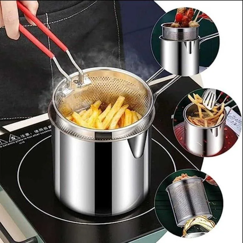 Stainless Steel Deep Fryer Pot with Strainer 1.2L Capacity Mini Frying Pot for French Fries, Snacks & Home Cooking