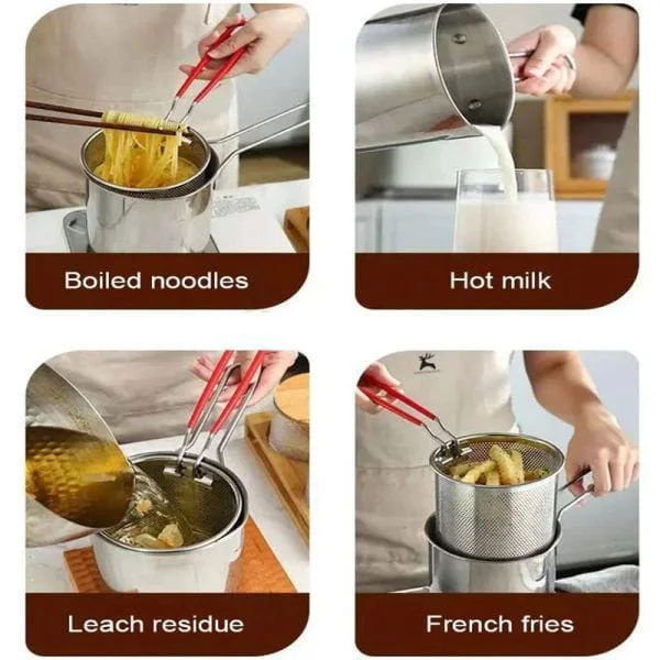 Stainless Steel Deep Fryer Pot with Strainer 1.2L Capacity Mini Frying Pot for French Fries, Snacks & Home Cooking